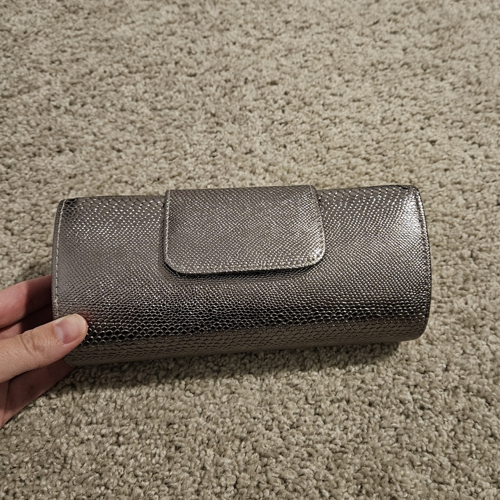 Evening clutch bag with rope strap metallic snake skin